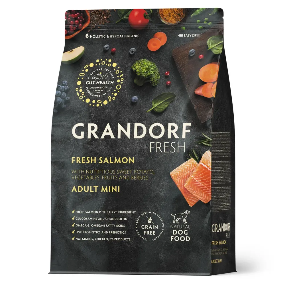 Сухой корм GRANDORF Fresh Dog Adult MINI Salmon&Sweet Potato для собак мелких пород из свежего филе лосося с бататом