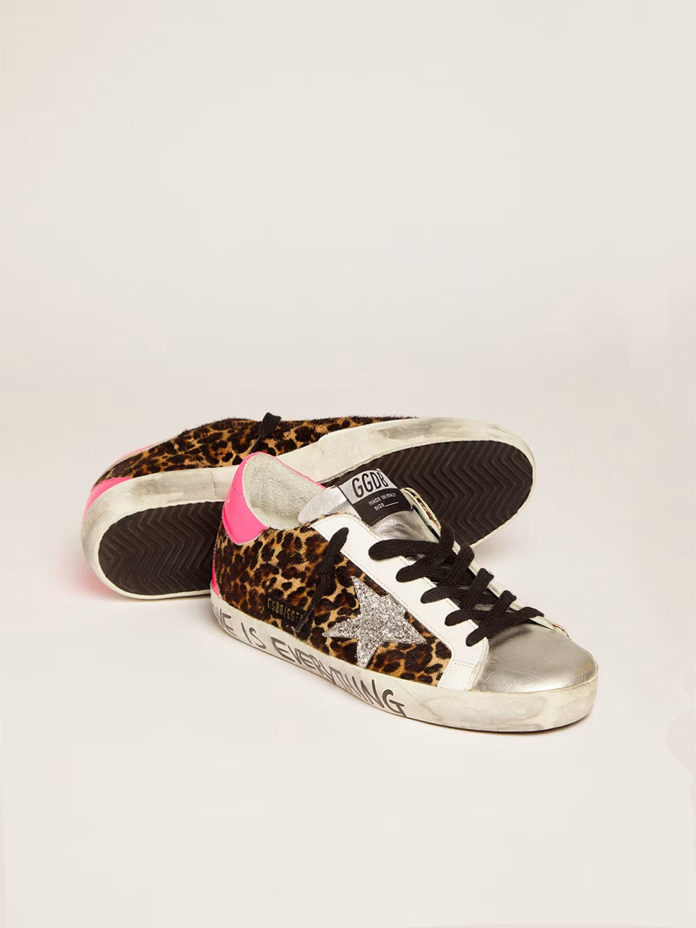 Super-Star sneakers with silver glitter star and leopard-print hair calf upper