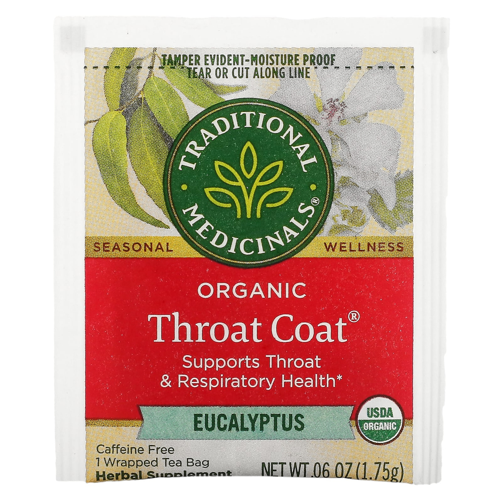 Traditional Medicinals, Organic Throat Cover®, эвкалипт, без кофеина, 16 упакованных чайных пакетиков, 28 г (0,99 унции)