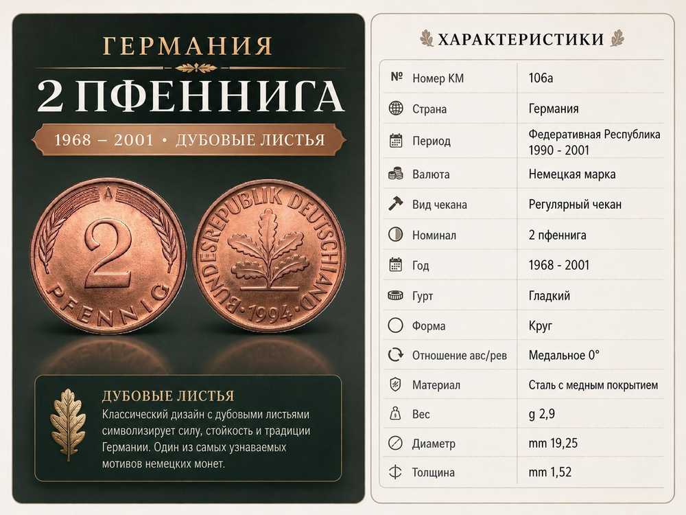 Германия - ФРГ 2 пфеннига, 1994 A Дубовый лист XF