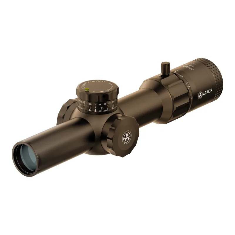 Оптический прицел ARKON Model A 1-10х28 FDE - вид спереди сбоку, объектив и барабанчики поправок
