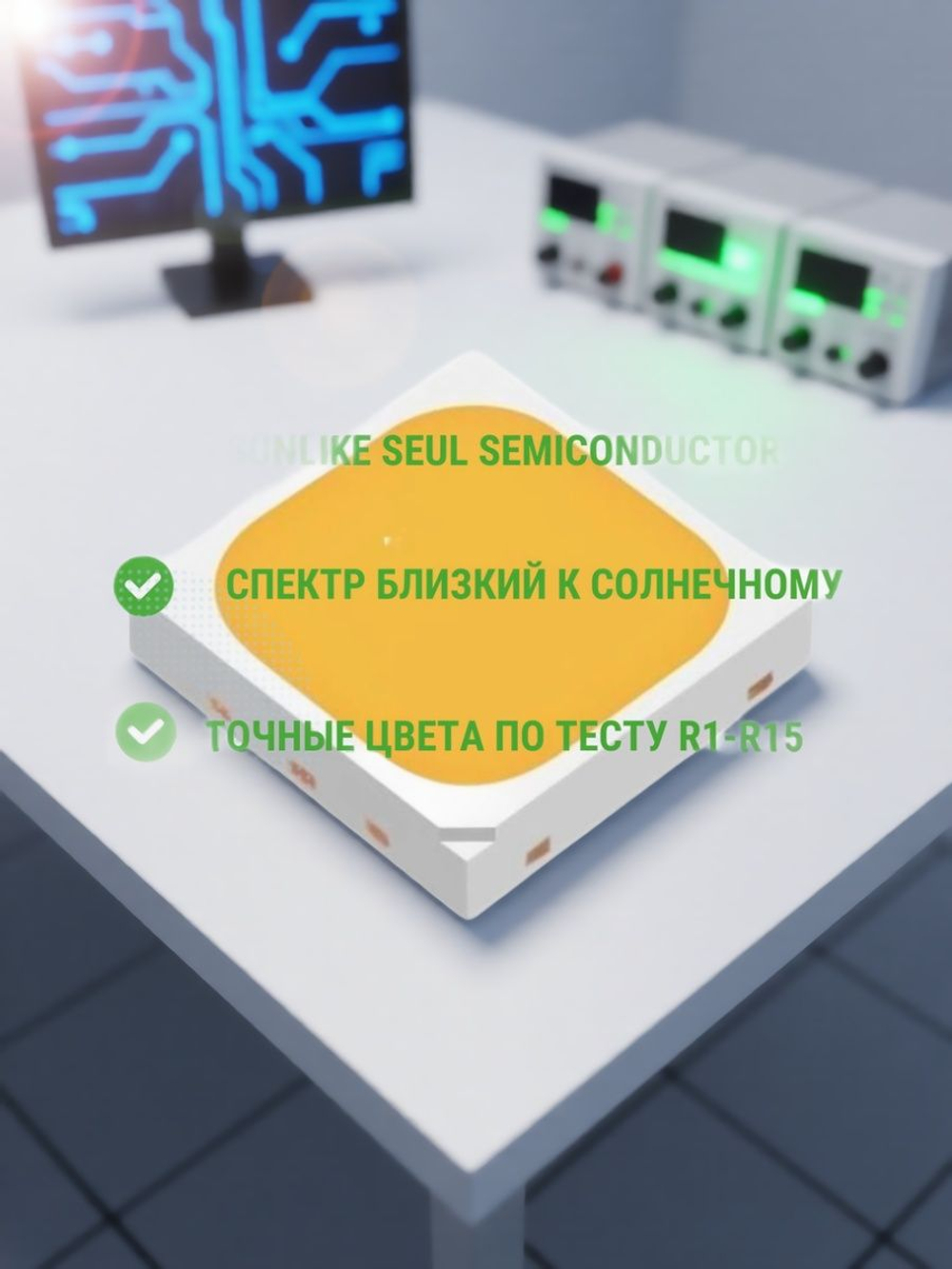Светодиод с высокой цветовой передачей SunLike 3030 3.2-3.4V 150mA 3000K CRI95 3х3мм Seul Semicindoctor