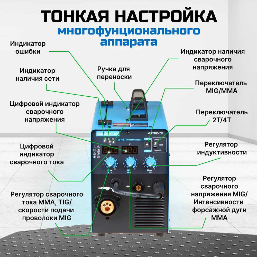 Полуавтомат сварочный Solaris MULTIMIG-224, 220В, MIG/FLUX/MMA, евроразъем, горелка 3 м, смена полярности, 2T/4T/Spot