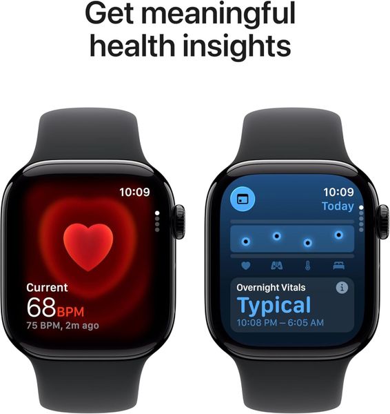 Умные часы Apple Watch Series 11 42 мм из алюминия цвета «чёрный глянец», спортивный ремешок черного цвета (S/M)