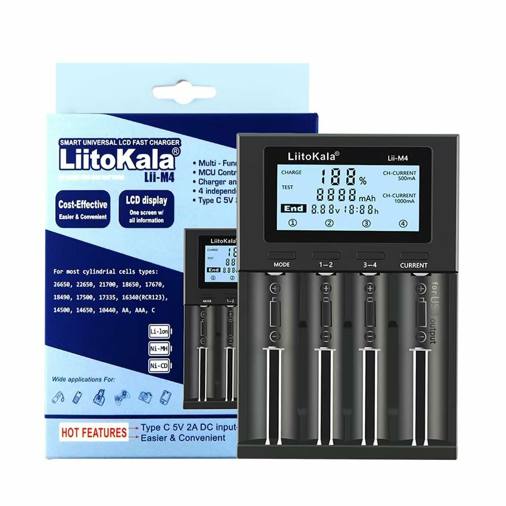 Зарядные устройства для аккумуляторов LiitoKala Lii - M4 18650, 26650, 14 500, AA, AAA и т. д.