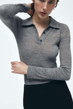 ZARA БОДИ DELICATE С ВОРОТНИКОМ ПОЛО, СЕРЫЙ С МЕЛАНЖЕВЫМ ЭФФЕКТОМ