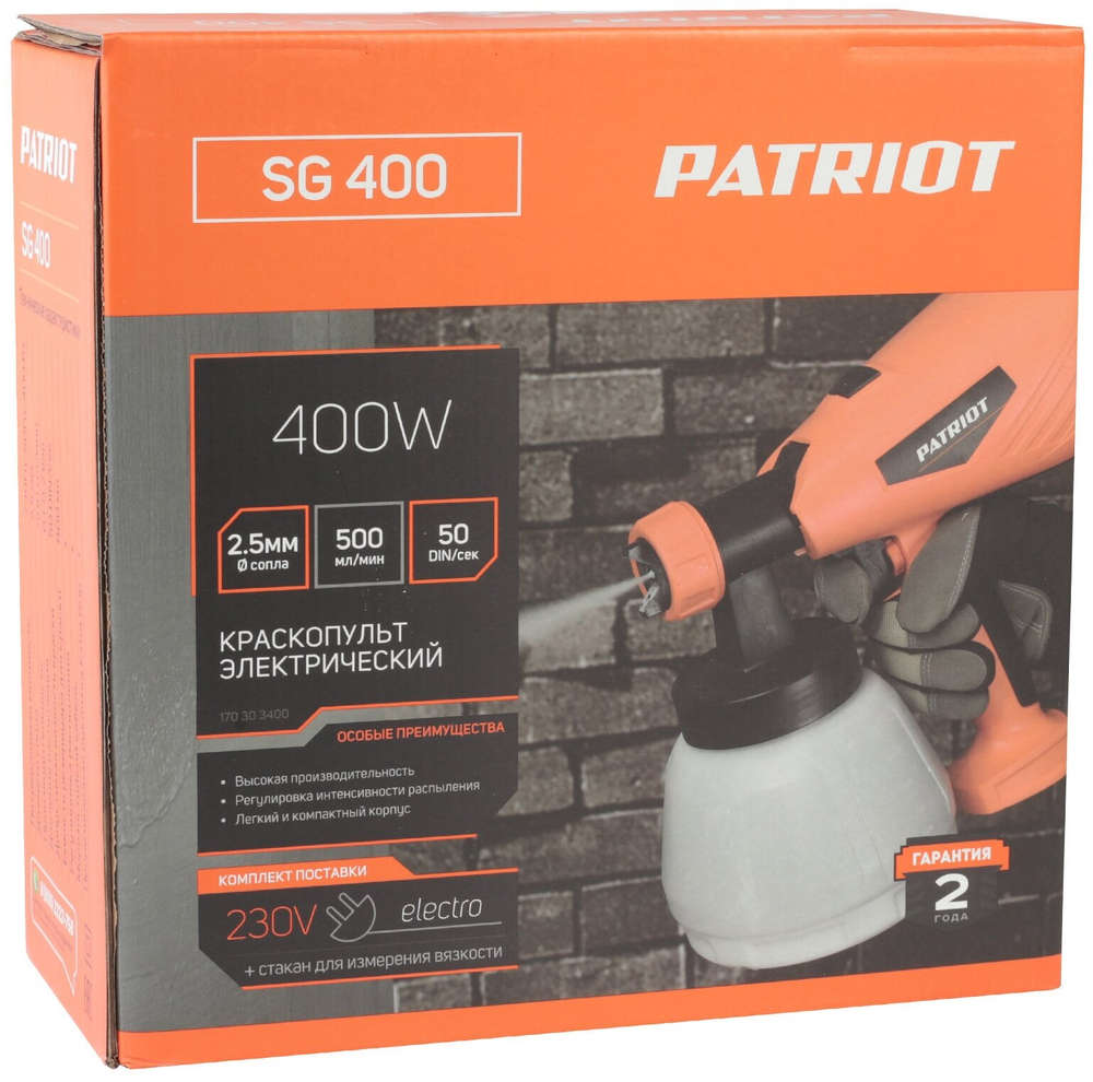 Краскопульт электрический PATRIOT SG 400 / 400Вт / 500 мл/мин / вязкость DIN/сек / резервуар 800 мл