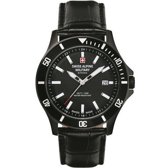 С ремешком Мужские наручные часы с черным кожаным ремешком Swiss Alpine Military 7022.1577 mens 42mm 10ATM