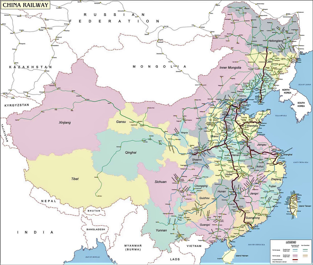 Карта Железные Дороги Китая (Map of Railways of China) на англ. языке 150-200 см