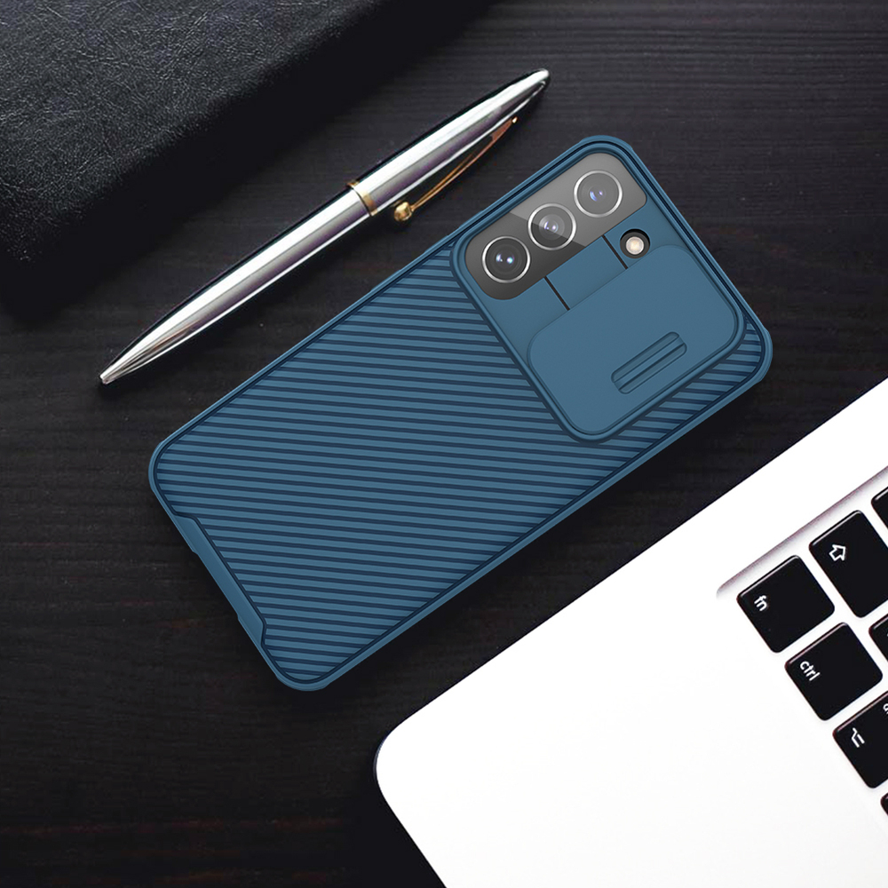 Чехол синего цвета от Nillkin на Samsung Galaxy S22+ Плюс, серия CamShield Pro Case, с сдвижной крышкой для камеры