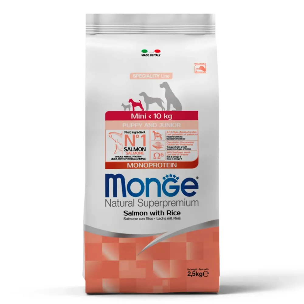 Сухой корм Monge Dog Speciality Line Monoprotein для щенков мелких пород из лосося с рисом