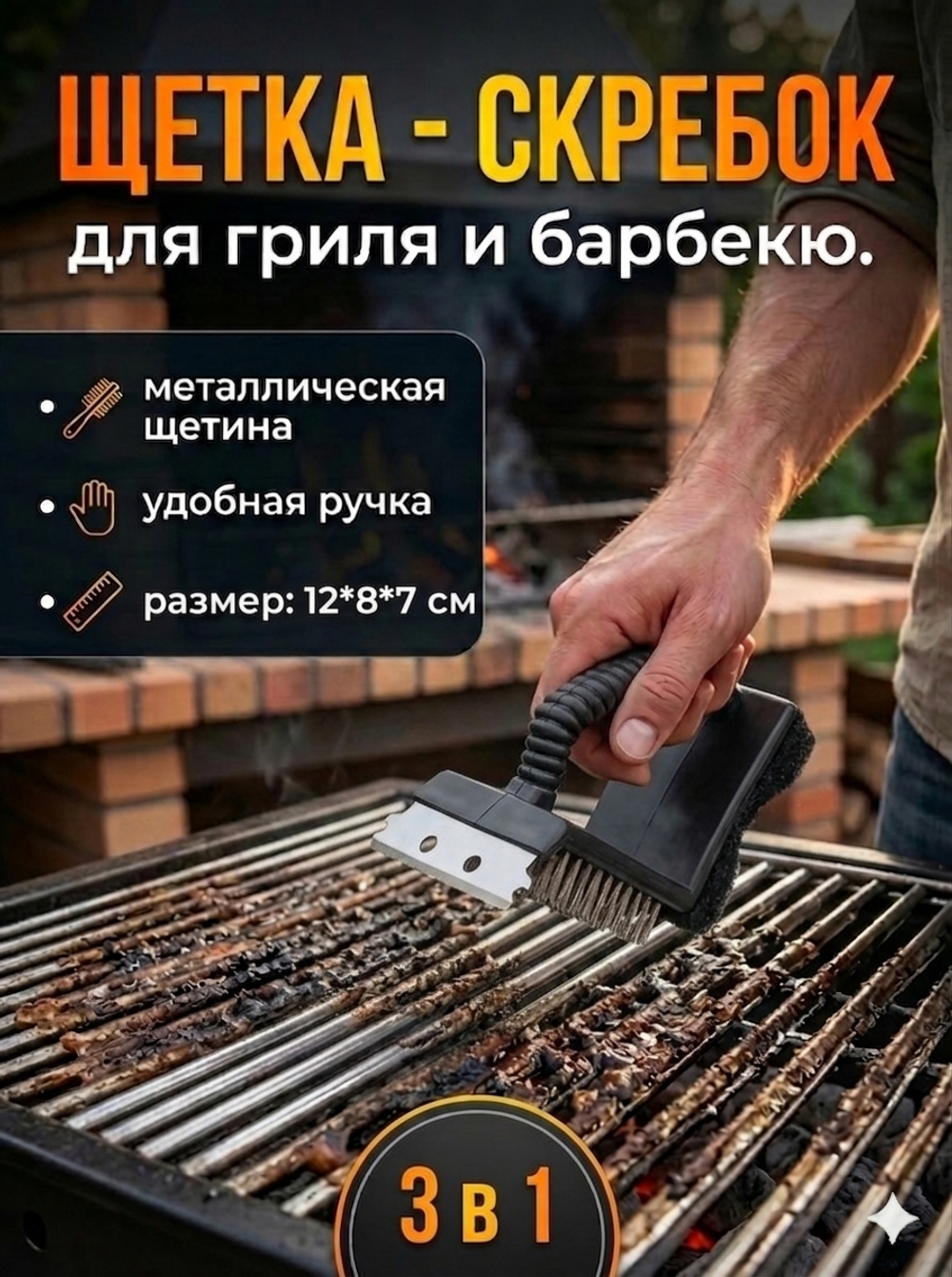 Щетка-скребок для барбекю 3 в 1"Уголок»