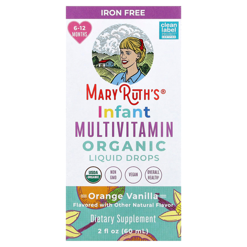 MaryRuth's, органические мультивитамины в жидкой форме для младенцев, без железа, для детей 6–12 месяцев, со вкусом апельсина и ванили, 60 мл (2 жидк. унции)