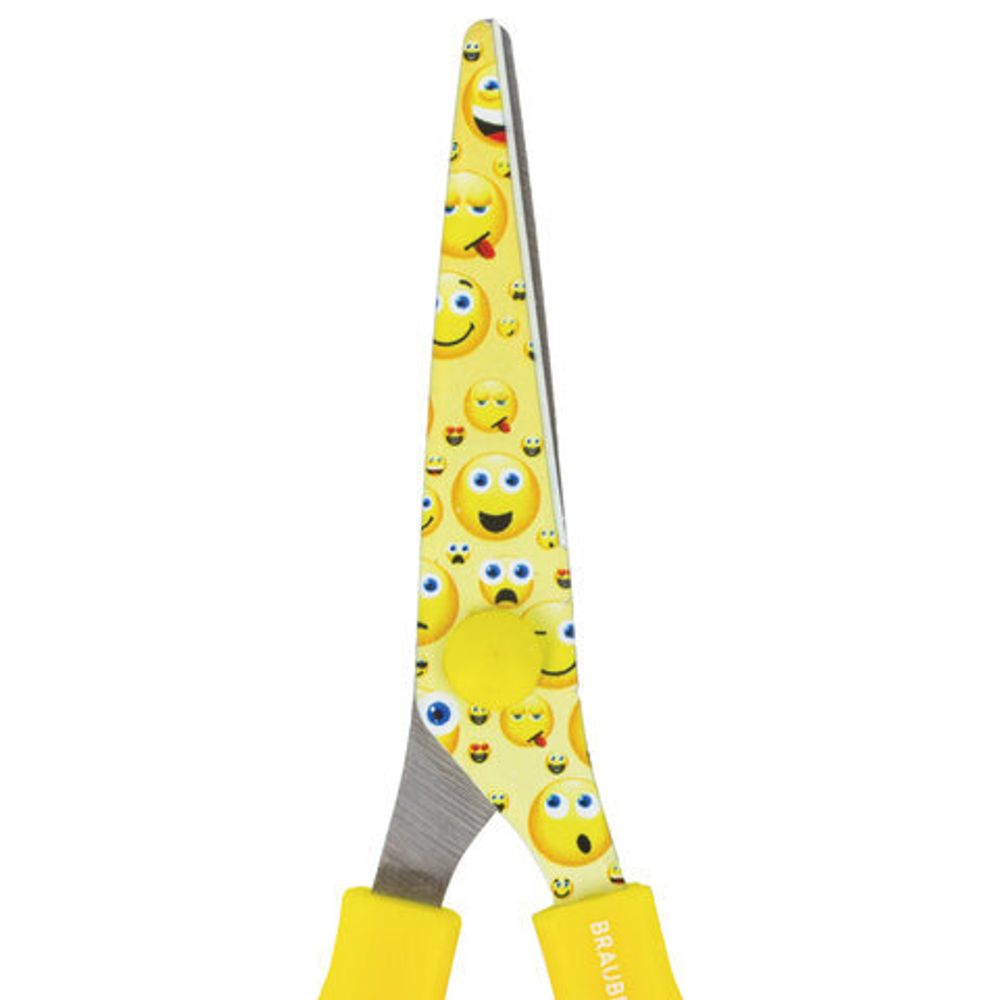 Ножницы BRAUBERG "Kid Series", 130 мм жёлто-белые с цветной печатью "Смайлики", закругленные, 232274