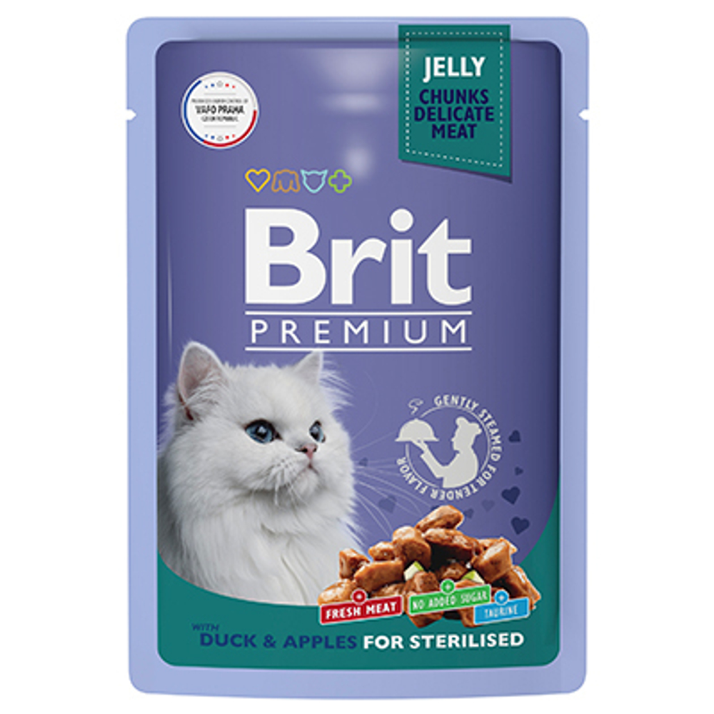 Brit PREMIUM Пауч для стерилизов.кошек, Утка с яблоками в желе, 85гр