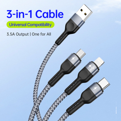 Кабель 3 в 1 в тканевой оплетке черного цвета от Duzzona с разъемами Type C, Lightning и Micro USB, серия A3 Cable, длина 1,3м