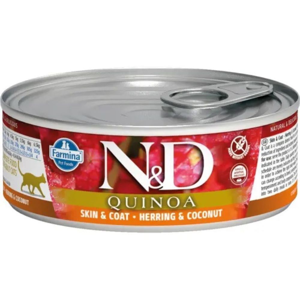 Консервы FARMINA N&amp;D QUINOA для кошек для здоровья кожи и шерсти c сельдью, кокосом, киноа - 80 гр