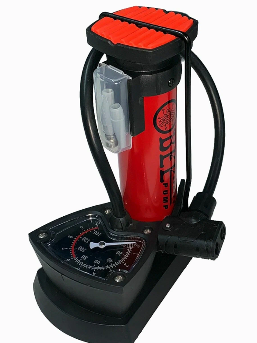 Насос BEE PUMP ножной, со шлангом, под ниппель AV/FV, с манометром, 1 баллон, черно-красный