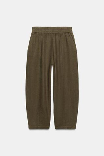 ZARA БРЮКИ BARREL ИЗ ЛЬНА, ХАКИ