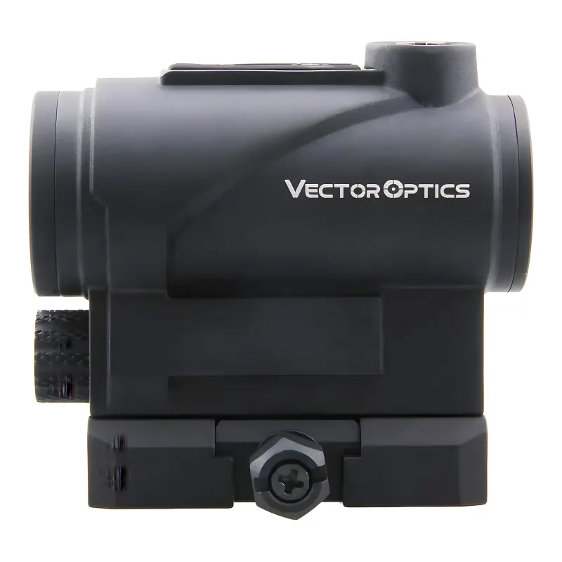 Коллиматор Vector Optics Centurion 1x20, точка 3 МOA красная - вид сбоку, логотип на корпусе и крепление
