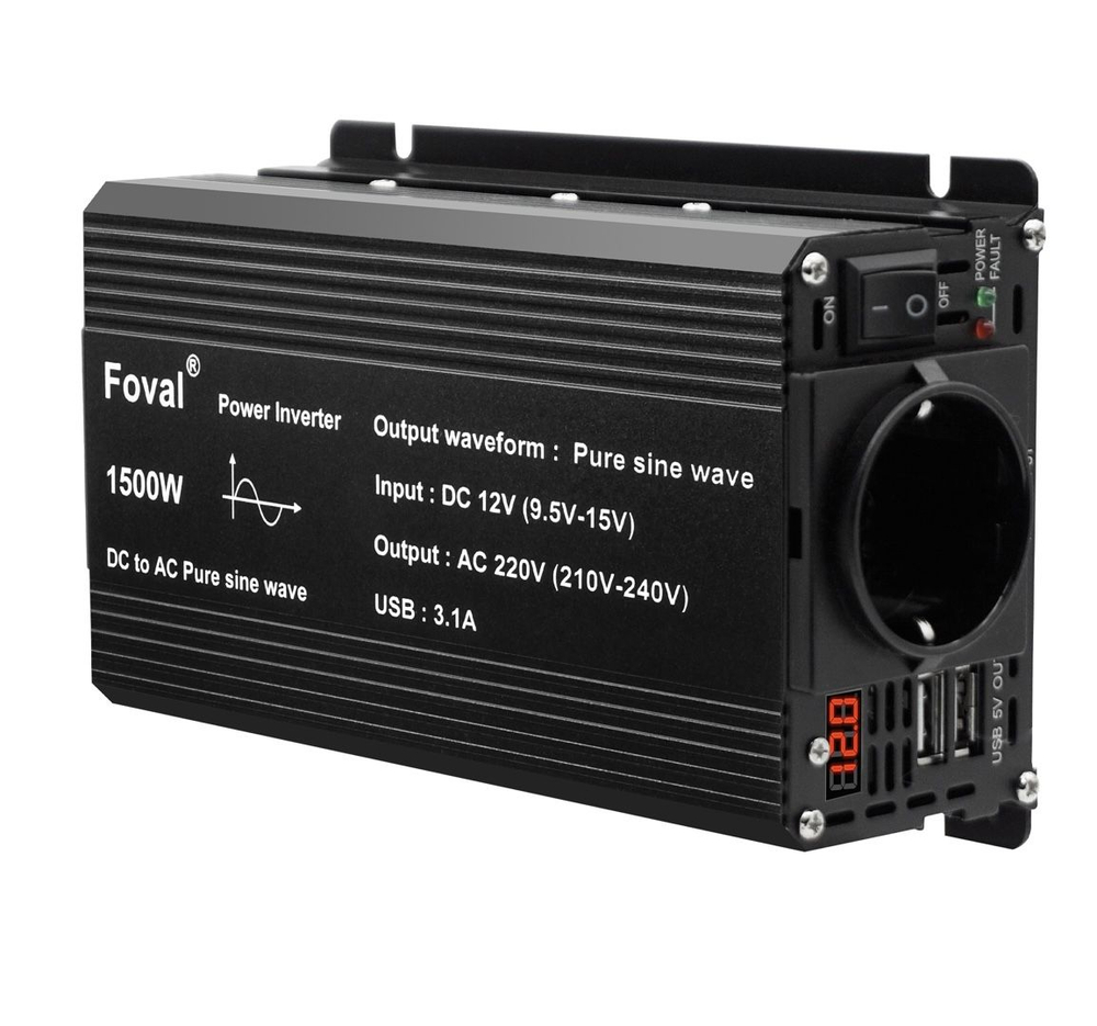 Инвертор 12V-220V 1500W черный Foval чистый синус