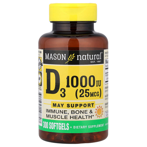 Mason Natural, витамин D3, 25 мкг (1000 МЕ), 300 мягких таблеток