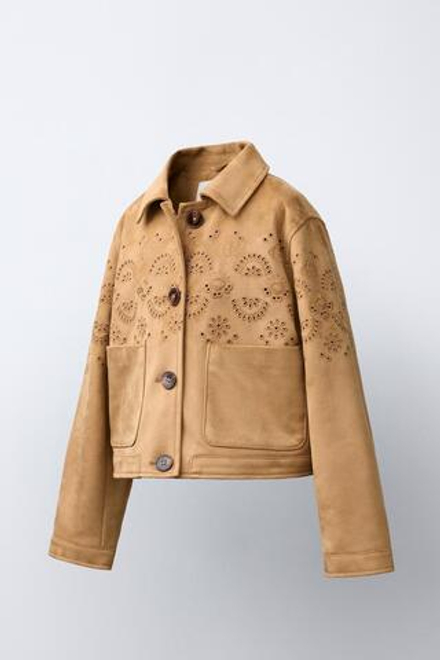 ZARA КУРТКА ИЗ ИСКУССТВЕННОЙ ЗАМШИ С ВЫШИВКОЙ, РЫЖЕВАТО-КОРИЧНЕВЫЙ