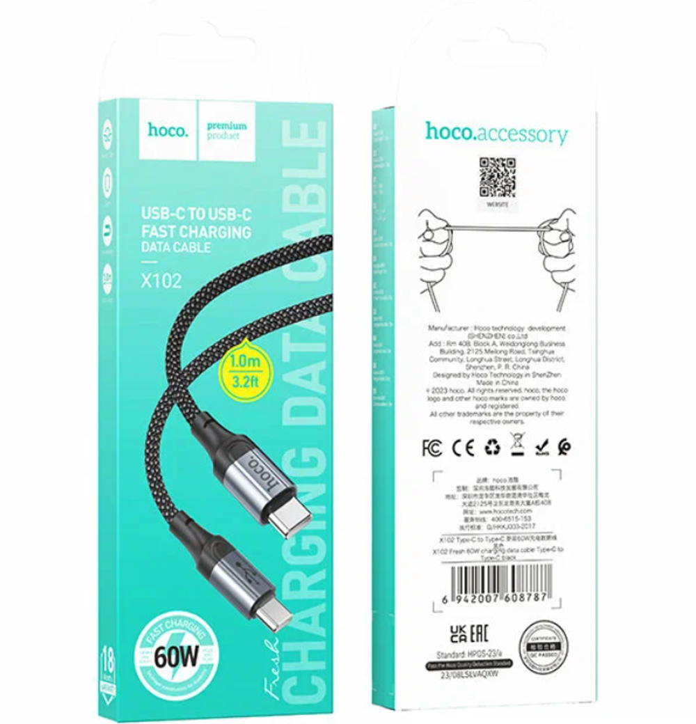 Usb Кабель-зарядка Type-C на Type-C Hoco X102 1м 60W черный