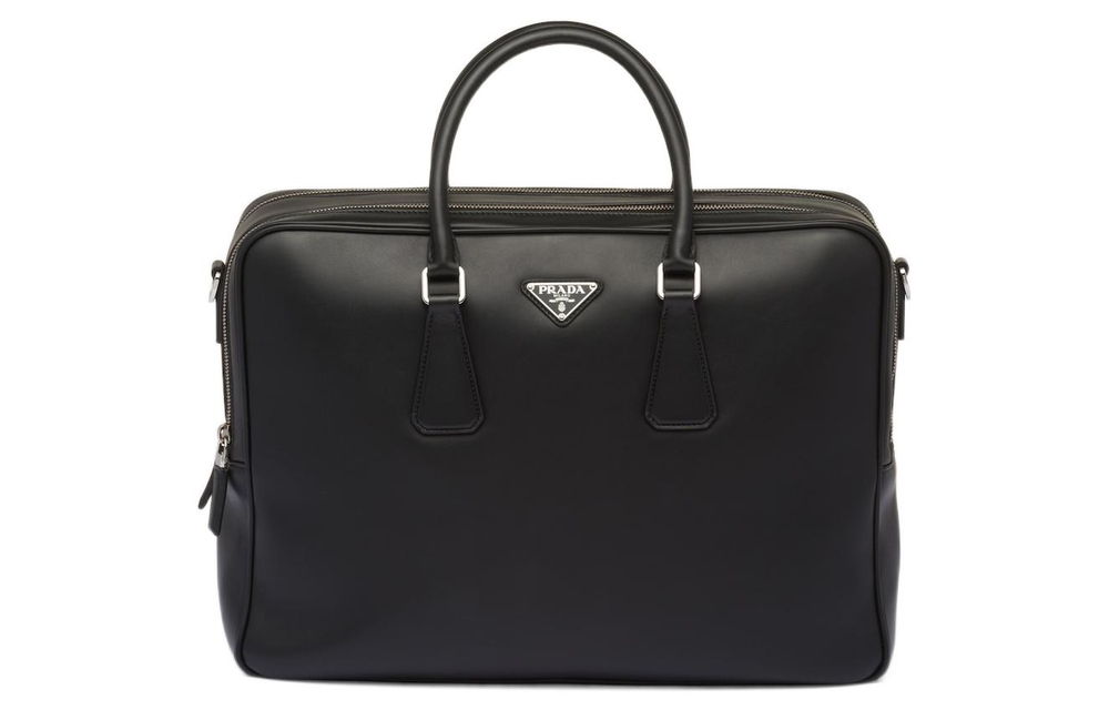 PRADA Leather Portable One Shoulder Crossbody Briefcase Men"s Black