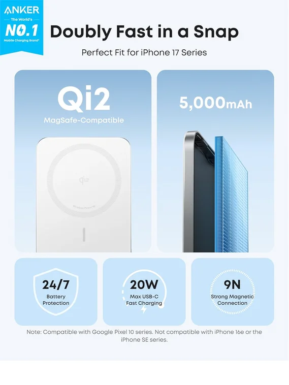 Ультратонкий внешний аккумулятор Anker Nano MagGo (A1665) 5000 мАч, 20W, MagSafe, Qi2, белый
