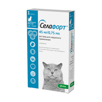 СЕЛАФОРТ Капли от блох, ушных клещей и гельминтов для кошек массой 2,6-7,5 кг