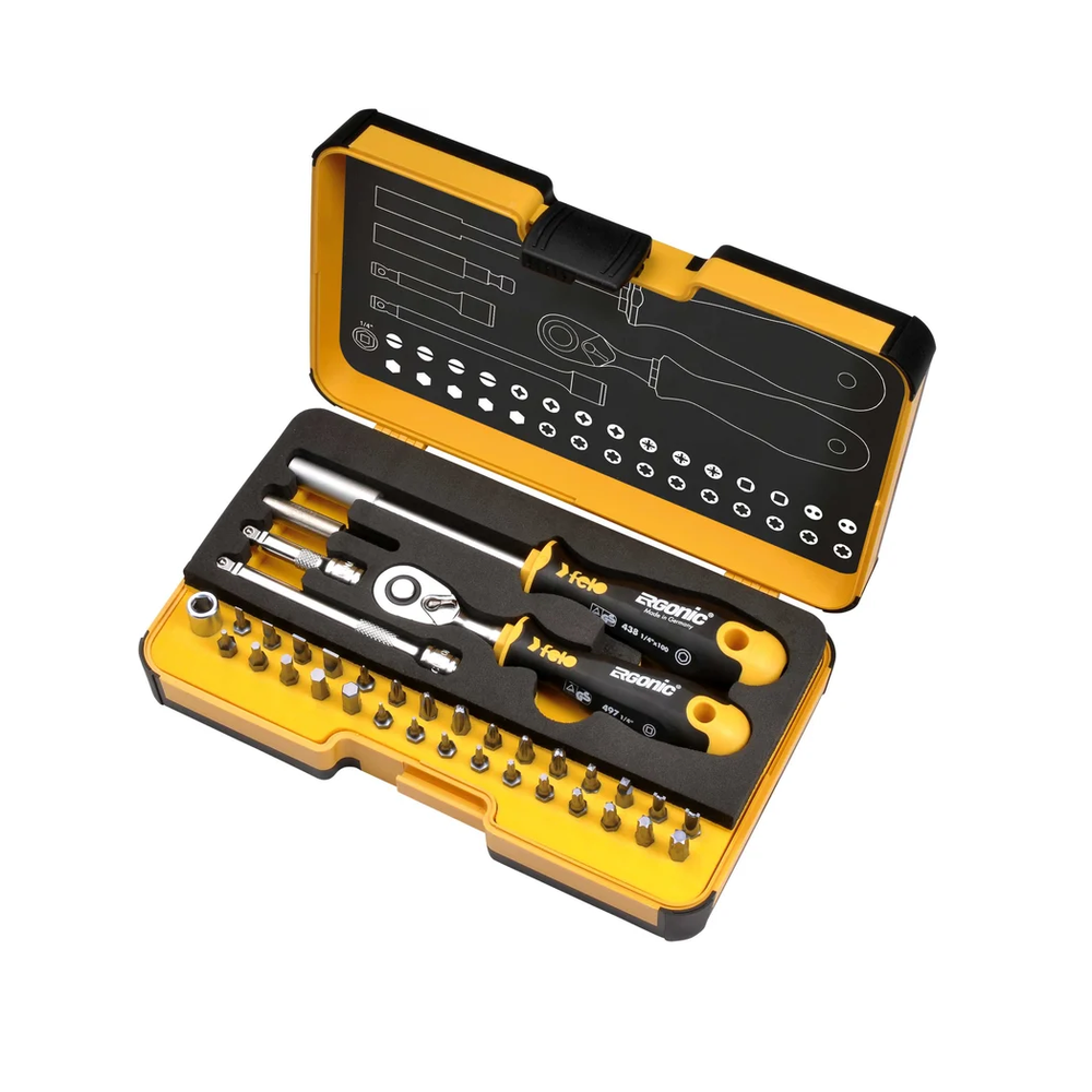 Новинка! Набор 36 шт. Биты Felo ERGONIC SL/HEX/PH/PZ/Tx/SQ/SPANNER/BH/MS с трещоткой и отвертка с держателем бит, 36 шт, в кейсе 5783606