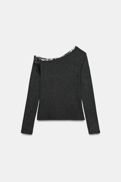 ZARA АСИММЕТРИЧНЫЙ ТОП С КРУЖЕВОМ, ТЕМНО-СЕРЫЙ
