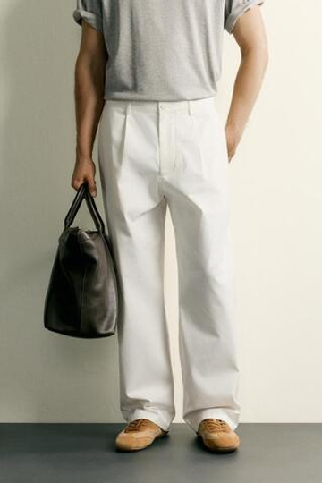 ZARA БРЮКИ STRAIGHT FIT СО СКЛАДКАМИ, ЖЕЛТОВАТО-БЕЛЫЙ