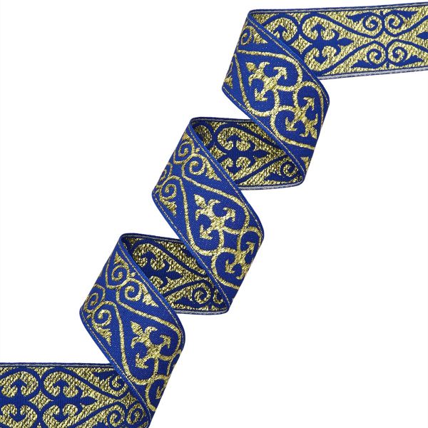 Лента (тесьма) жаккардовая 32.0 мм / 25 метров, с метанитом, рис. 9793, синий / золото