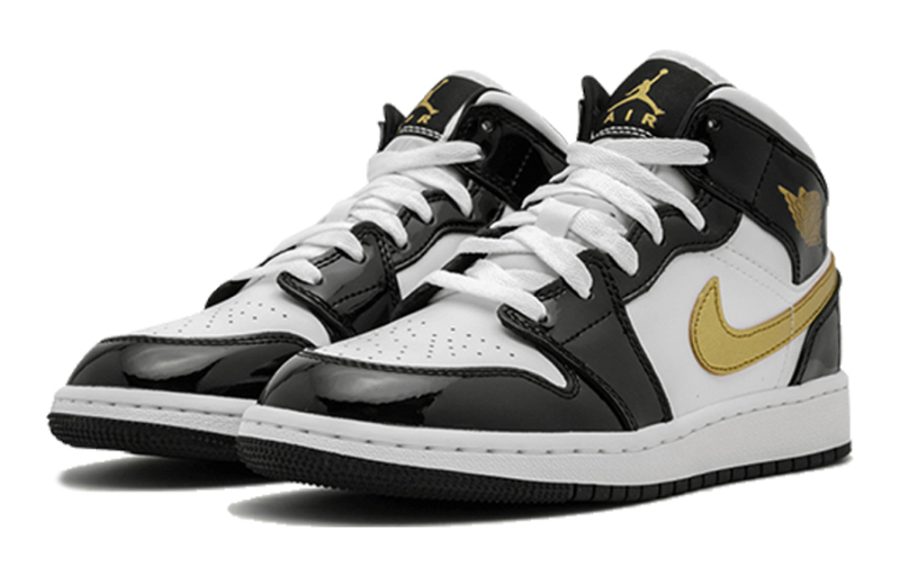 Jordan 1 Mid Patent Black White Gold GS