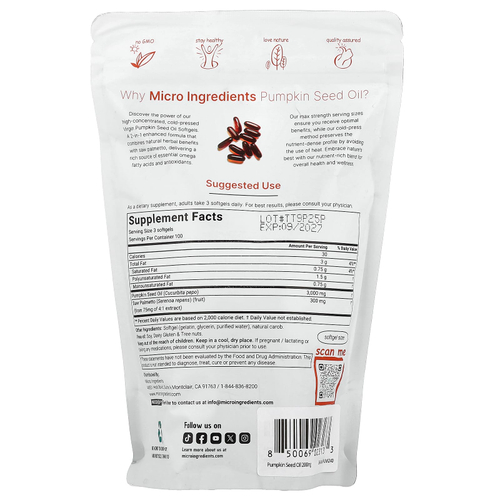Micro Ingredients, тыквенное масло холодного отжима, 300 капсул