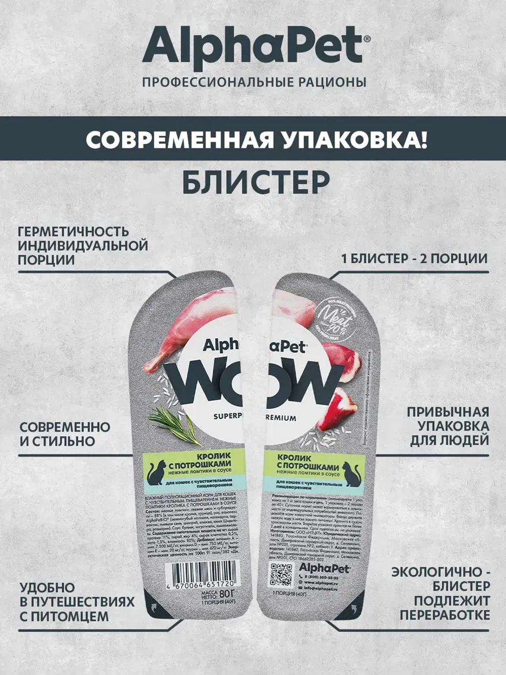 Кролик с потрошками ломтики в соусе, 80г влажный корм для кошек с чувствительным пищеварением AlphaPet WOW Superpremium