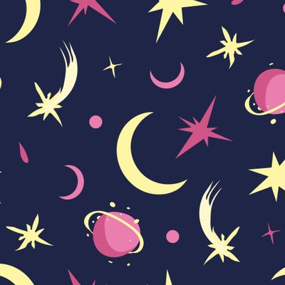 Тёмное звёздное небо с лунами, планетами и кометами. Dark starry sky with planets and comets