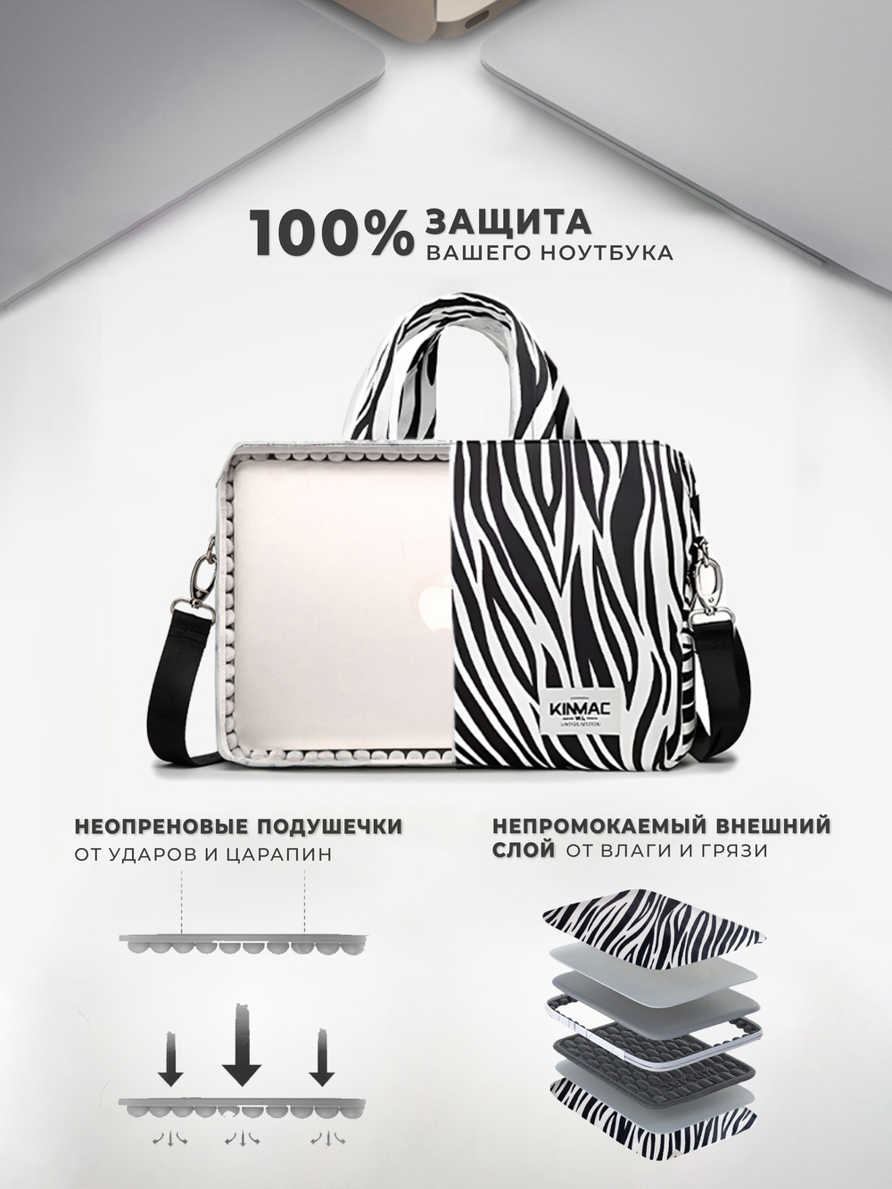 Сумка для ноутбука 15,6" и 17" с ремнем на плечо и 3 отделениями (Зебра)