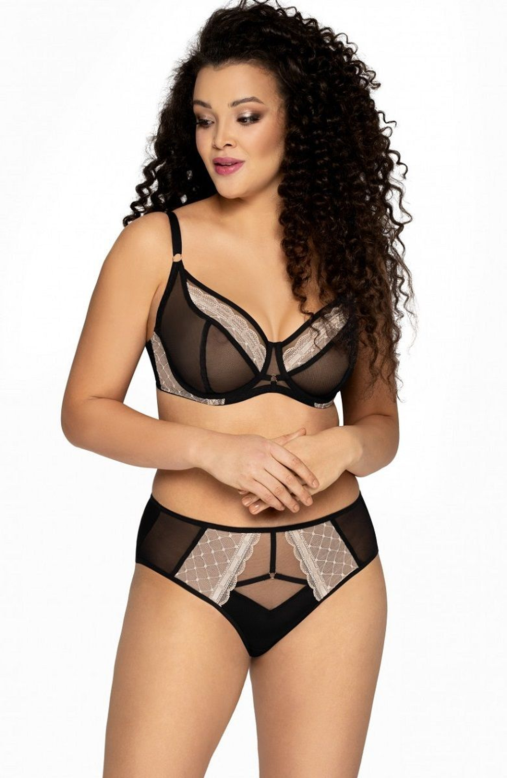 Бюстгальтер с чашками plus size с сеткой и контрастным кружевом (Размер: 85J) (Цвет: черный)