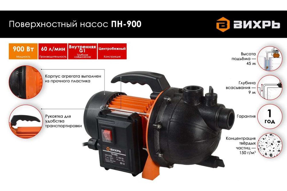 НАСОС ПОВЕРХНОСТНЫЙ ВИХРЬ ПН-900 68/4/2