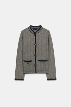 ZARA КАРДИГАН С УЗОРОМ "ЁЛОЧКА", СЕРЫЙ