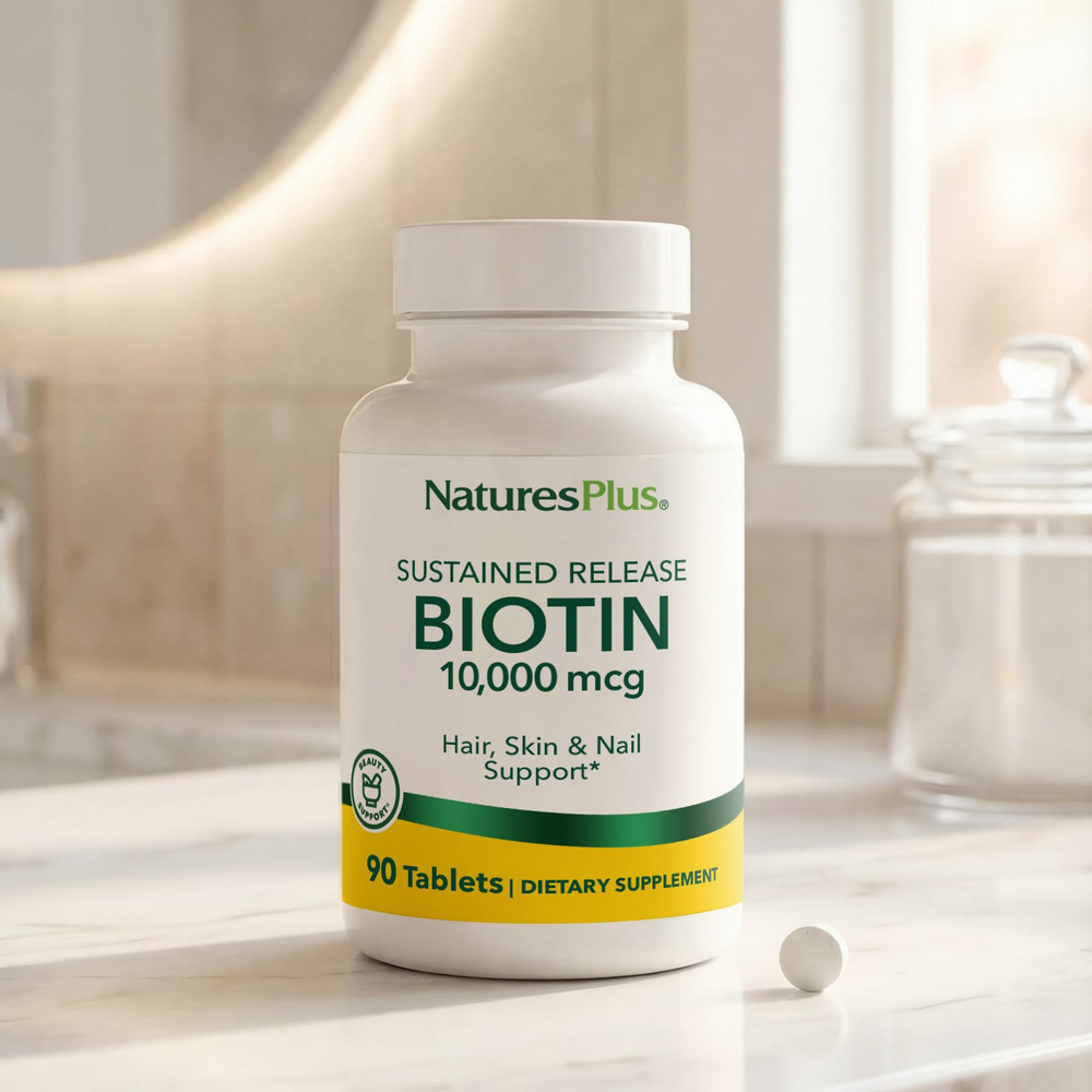 NaturesPlus, биотин длительного высвобождения, 10 000 мкг, 90 таблеток