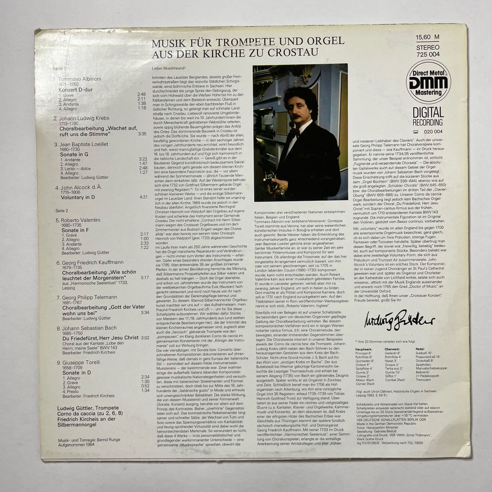 Винтажная виниловая пластинка LP Ludwig Guttler, Friedrich Kircheis Musik F r Trompete Und Orgel Aus Der Kirche Zu Crostau (ГДР 1985)
