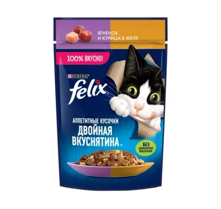 Ягнёнок и курица в желе, 75г влажный корм для кошек Felix Двойная Вкуснятина