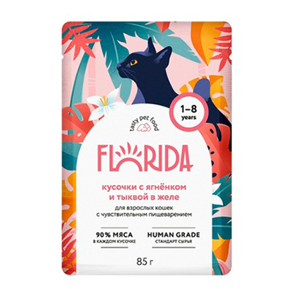 Florida Паучи для кошек с чувств.пищ. кусочки Ягненка с тыквой в желе, 85гр