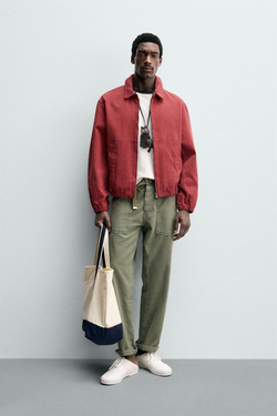 ZARA КУРТКА REGULAR FIT ИЗ ВЫСТИРАННОГО ХЛОПКА, КРАСНЫЙ