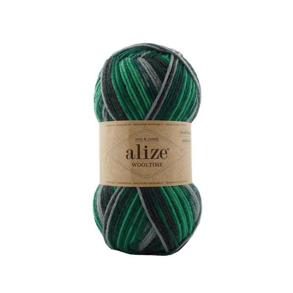 Вултайм (Wooltime) пряжа Alize 75%SWшерсть 25%полиамид 5х100г/200м (11012 черный-серый-изумрудный)