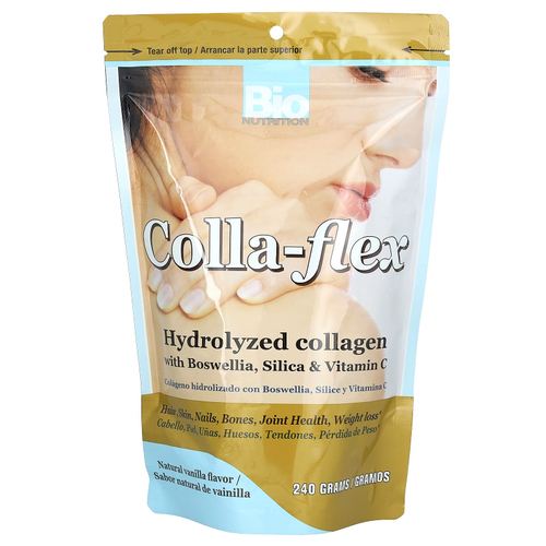 Bio Nutrition, Colla-Flex, гидролизованный коллаген с босвеллией, диоксидом кремния и витамином C, натуральная ваниль, 240 г